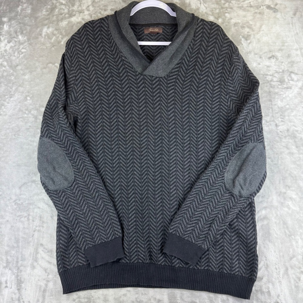 Tasso Elba Cotton Sweater Mens XL Gray Herringbone Collar Elbow Patches (1403)
